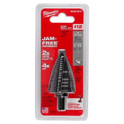 Step Drill Bit, 7/8 to 1-3/8 in Dia, 3-1/16 in OAL, Straight Flute, 2-Flute, 1/4 in Dia Shank Black Oxide