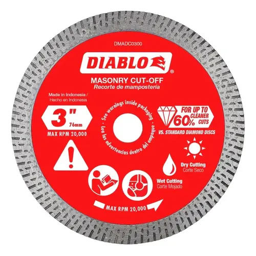 Cut-Off Disc, 3 in Dia, 1.3 mm Thick, 3/8 in Arbor, Diamond Abrasive Cut-Off Disc, 3 in Dia, 1.3 mm Thick, 3/8 in Arbor, Diamond Abrasive