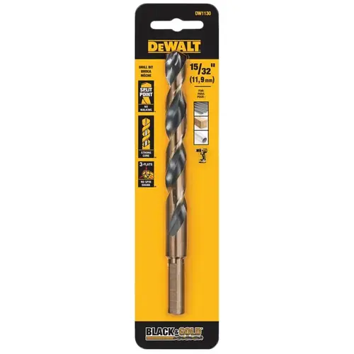 Jobber Drill Bit, 15/32 in Dia, 5-7/8 in OAL, Parabolic Flute, 15/32 in Dia Shank, Round Shank Black Oxide Jobber Drill Bit, 15/32 in Dia, 5-7/8 in OAL, Parabolic Flute, 15/32 in Dia Shank, Round Shank Black Oxide