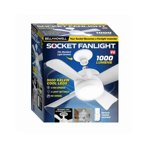Socket Ceiling Fan + LED Light, Socket Extender & Remote