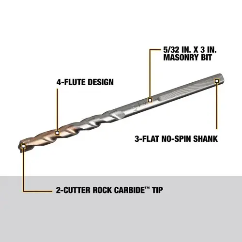 Hammer Drill Bit, 5/32 in Dia, 3 in OAL, 4-Flute, Flat Shank Hammer Drill Bit, 5/32 in Dia, 3 in OAL, 4-Flute, Flat Shank