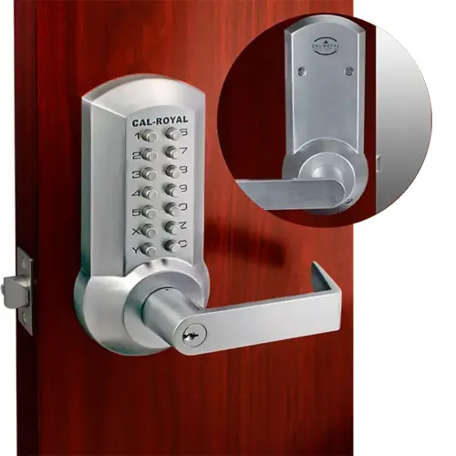 Mechanical Push Button Lock, Storeroom Function, 1 Entry Code of 1-12 Digits, Clutched, Schlage C Keyway 6-Pin, 2-3/4" BS, Non Handed, ASA Strike, Grade 2, 626/US26D Satin Chrome