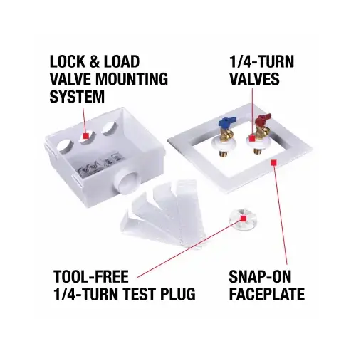 Quadtro Washing Machine Outlet Box, 1/2 in Connection, Brass/Polystyrene, White Quadtro Washing Machine Outlet Box, 1/2 in Connection, Brass/Polystyrene, White