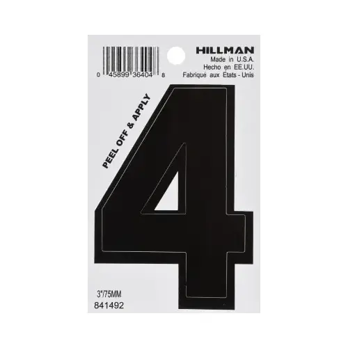 Adhesive House Address Number 4, Black Vinyl, 3 In. Glossy Adhesive House Address Number 4, Black Vinyl, 3 In. Glossy