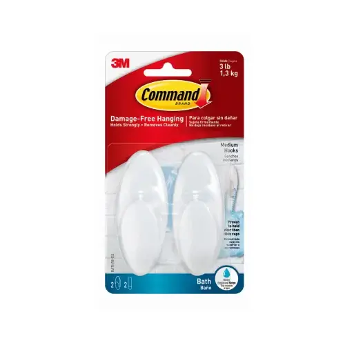 Medium Bath Hook, White, 2 Hooks, 2 Strips Frosted Pair Medium Bath Hook, White, 2 Hooks, 2 Strips Frosted Pair