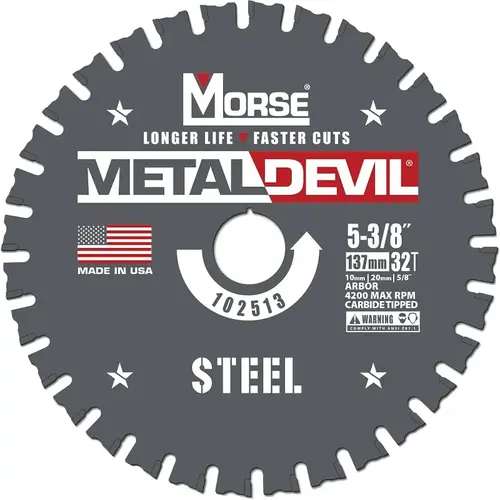 Metal Devil 102513 Circular Saw Blade, 5-3/8 in Dia, 5/8 in Arbor, 32 -Teeth Metal Devil 102513 Circular Saw Blade, 5-3/8 in Dia, 5/8 in Arbor, 32 -Teeth