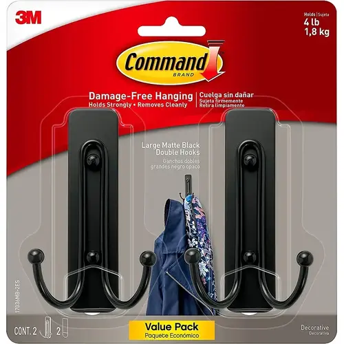 Large Decorative Hook, 4 lb, 2-Hook, Metal/Plastic, Matte Black - pack of 4 Large Decorative Hook, 4 lb, 2-Hook, Metal/Plastic, Matte Black - pack of 4