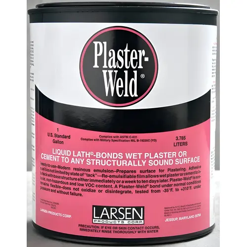 LARSEN SUPPLY CO., INC. PWG04 Plaster-Weld Bonding Agent, Liquid, Low to Slight Acetic, Pink, 1 gal Pail Plaster-Weld Bonding Agent, Liquid, Low to Slight Acetic, Pink, 1 gal Pail