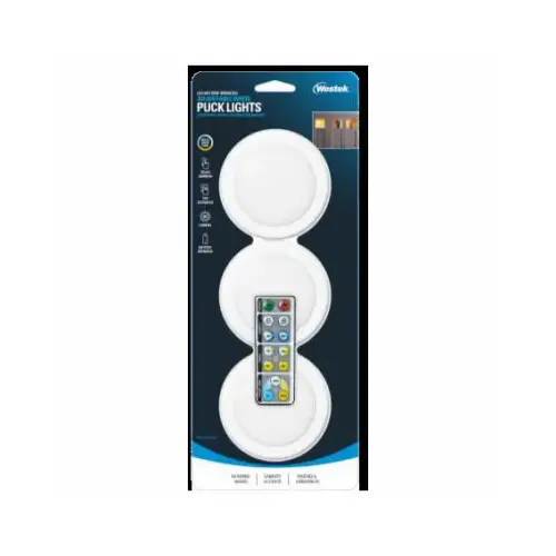 Adjustable Puck Light, AA Battery, LED Lamp, 80 Lumens, 3000, 4000, 5000 K Color Temp, White - pack of 3 Adjustable Puck Light, AA Battery, LED Lamp, 80 Lumens, 3000, 4000, 5000 K Color Temp, White - pack of 3