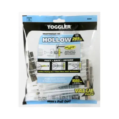 10 BB 1/4-20 Toggle Bolts (3/8 in. to 3-5/8 in. Grip Range) and 10 1/4-20 x 2-1/2 in. Combo Head Bolts - pack of 10 10 BB 1/4-20 Toggle Bolts (3/8 in. to 3-5/8 in. Grip Range) and 10 1/4-20 x 2-1/2 in. Combo Head Bolts - pack of 10