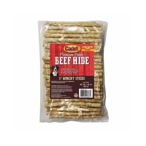 Premium Grade Munchy Beef Hide Sticks, Peanut Butter Flavor, 5 In pack of 100