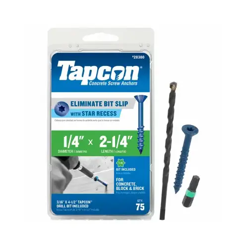 Concrete Screw Anchor, 1/4 in Dia, 2-1/4 in L, Steel, Climaseal Blue - pack of 75 Concrete Screw Anchor, 1/4 in Dia, 2-1/4 in L, Steel, Climaseal Blue - pack of 75
