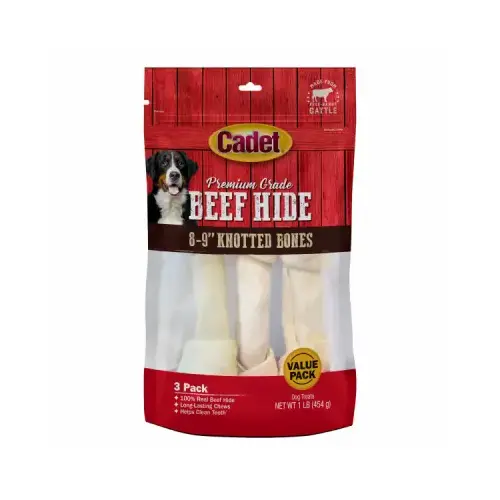 Beef Hide Knotted Dog Bone Chews, 8-9 In., 3-Ct pack of 3