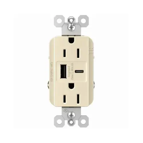 radiant USB Outlet, 15 A, 125 V, Type A, C USB, NEMA: NEMA 5-15R, Light Almond