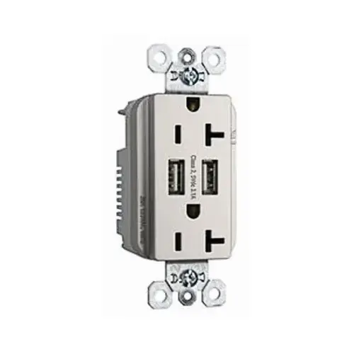 Outlet and USB Charger 15 amps 125 V Silver 5-15R Silver Outlet and USB Charger 15 amps 125 V Silver 5-15R Silver