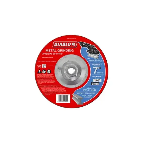 Grinding Wheel, 7 in Dia, 1/4 in Thick, 5/8-11 in Arbor, Aluminum Oxide Abrasive Grinding Wheel, 7 in Dia, 1/4 in Thick, 5/8-11 in Arbor, Aluminum Oxide Abrasive