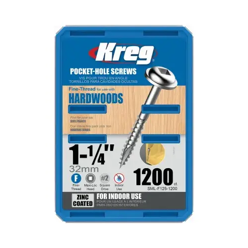 Pocket-Hole Screw, #7 Thread, 1-1/4 in L, Fine Thread, Maxi-Loc Head, Square Drive, Carbon Steel Zinc - pack of 1200 Pocket-Hole Screw, #7 Thread, 1-1/4 in L, Fine Thread, Maxi-Loc Head, Square Drive, Carbon Steel Zinc - pack of 1200