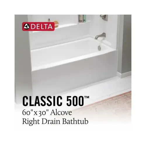 Classic 500 60 In. L x 30 In. W Right Drain Rectangular Alcove Bathtub, White Classic 500 60 In. L x 30 In. W Right Drain Rectangular Alcove Bathtub, White