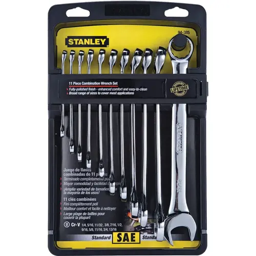 Wrench Set, 11-Piece, Steel, Polished Chrome, Specifications: SAE Measurement