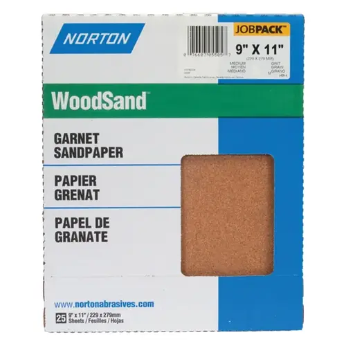 Norton WoodSand 076607 Sanding Sheet, 11 in L, 9 in W, Medium, 100 Grit, Garnet Abrasive, Paper Backing - pack of 25 Norton WoodSand 076607 Sanding Sheet, 11 in L, 9 in W, Medium, 100 Grit, Garnet Abrasive, Paper Backing - pack of 25