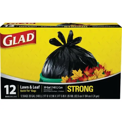 Lawn and Leaf Bag, 32-1/2 in L, 38 in W, 39 gal, Black, Quick Tie - pack of 12 Lawn and Leaf Bag, 32-1/2 in L, 38 in W, 39 gal, Black, Quick Tie - pack of 12