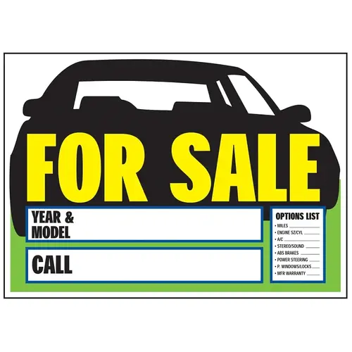 Sign, For Sale (Car), Yellow Legend, Plastic, 9 in W x 14 in H Dimensions - pack of 10 Sign, For Sale (Car), Yellow Legend, Plastic, 9 in W x 14 in H Dimensions - pack of 10