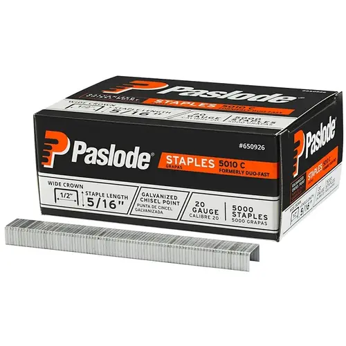 1015277 Wide Crown Staple, 1/2 in W Crown, 5/16 in L Leg, 20 ga Gauge, Steel, Galvanized - pack of 5000 1015277 Wide Crown Staple, 1/2 in W Crown, 5/16 in L Leg, 20 ga Gauge, Steel, Galvanized - pack of 5000