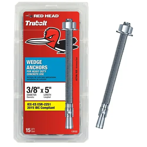 Concrete Wedge Anchor, 3/8 in Dia, 5 in L, Steel, Zinc Silver - pack of 15