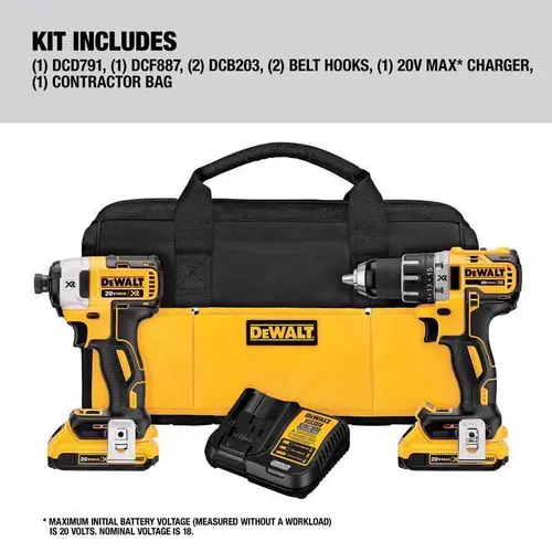 Combination Kit, Battery Included, 20 V, 2-Tool, Lithium-Ion Battery Yellow