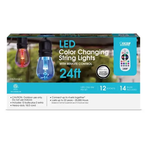 LED Color-Changing Patio String Lights, Remote Control, 12 Sockets, 14 Bulbs, 24 Ft. LED Color-Changing Patio String Lights, Remote Control, 12 Sockets, 14 Bulbs, 24 Ft.