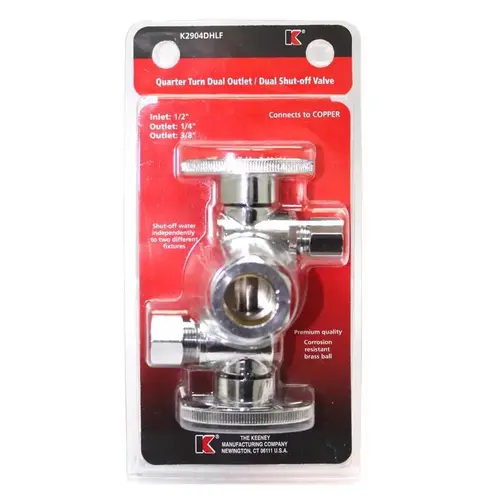 Dual Shut-Off Valve, 5/8 x 3/8 x 1/4 in Connection, Compression, 250 psi Pressure, Brass Body Chrome Dual Shut-Off Valve, 5/8 x 3/8 x 1/4 in Connection, Compression, 250 psi Pressure, Brass Body Chrome