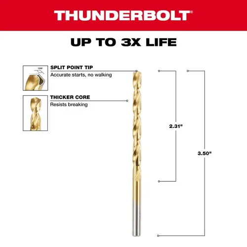 Drill Bit Thunderbolt 3/16" X 3-1/2" L High Speed Steel Round Shank Titanium Coated Drill Bit Thunderbolt 3/16" X 3-1/2" L High Speed Steel Round Shank Titanium Coated