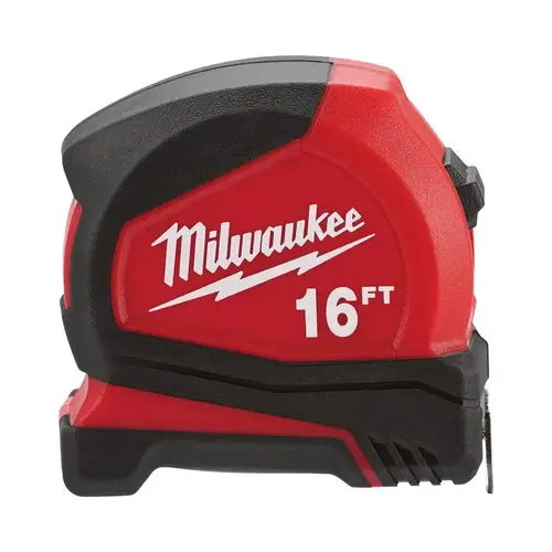 Tape Measure, 16 ft L Blade, 1.6 in W Blade, Steel Blade, ABS Case, Black/Red Case