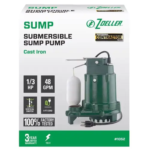 Sump Pump 1/3 HP 2880 gph Cast Iron Vertical Float Switch AC Submersible Sump Pump 1/3 HP 2880 gph Cast Iron Vertical Float Switch AC Submersible