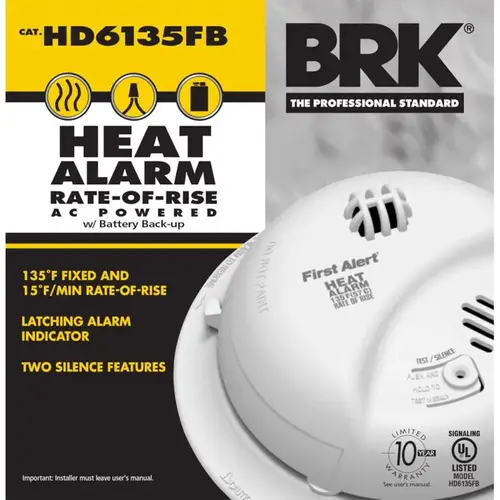 Heat Alarm with Battery Backup, 120 V, Thermistor Sensor, 50 ft Detection, Alarm: Audible White