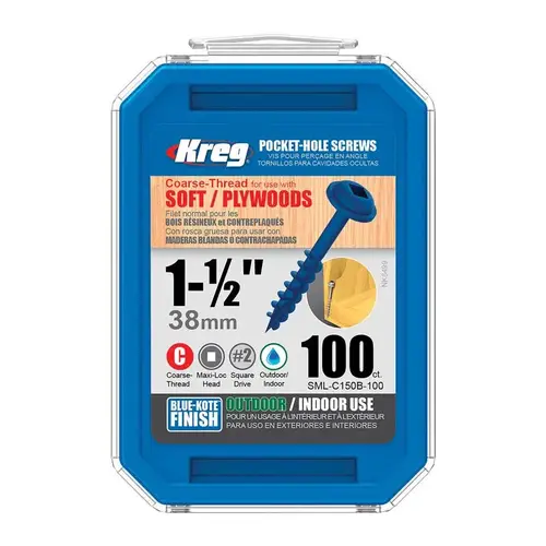 Blue-Kote Pocket-Hole Screw, #8 Thread, 1-1/2 in L, Coarse Thread, Maxi-Loc Head, Square Drive, Steel Zinc