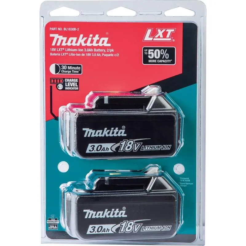 Makita 18-Volt LXT Lithium-Ion High Capacity Battery Pack 3.0Ah with Fuel Gauge - Pair Black BL1830B-2