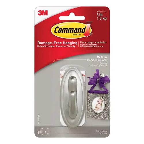 Hook Command Medium Plastic 3.125" L Brushed Nickel - pack of 4 Hook Command Medium Plastic 3.125" L Brushed Nickel - pack of 4