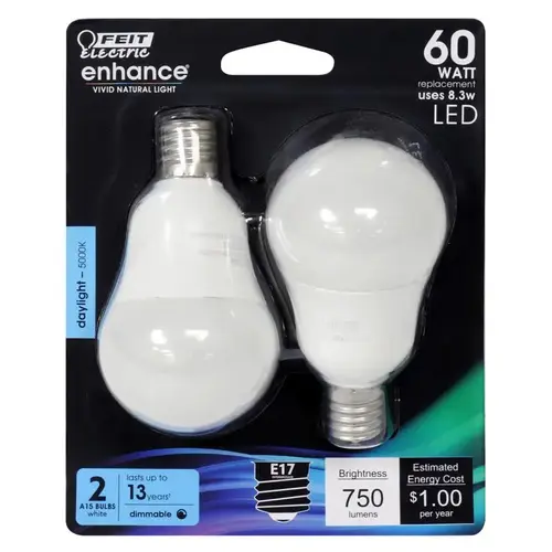 LED Bulb, General Purpose, A15 Lamp, 60 W Equivalent, E17 Lamp Base, Dimmable, White - Pair LED Bulb, General Purpose, A15 Lamp, 60 W Equivalent, E17 Lamp Base, Dimmable, White - Pair