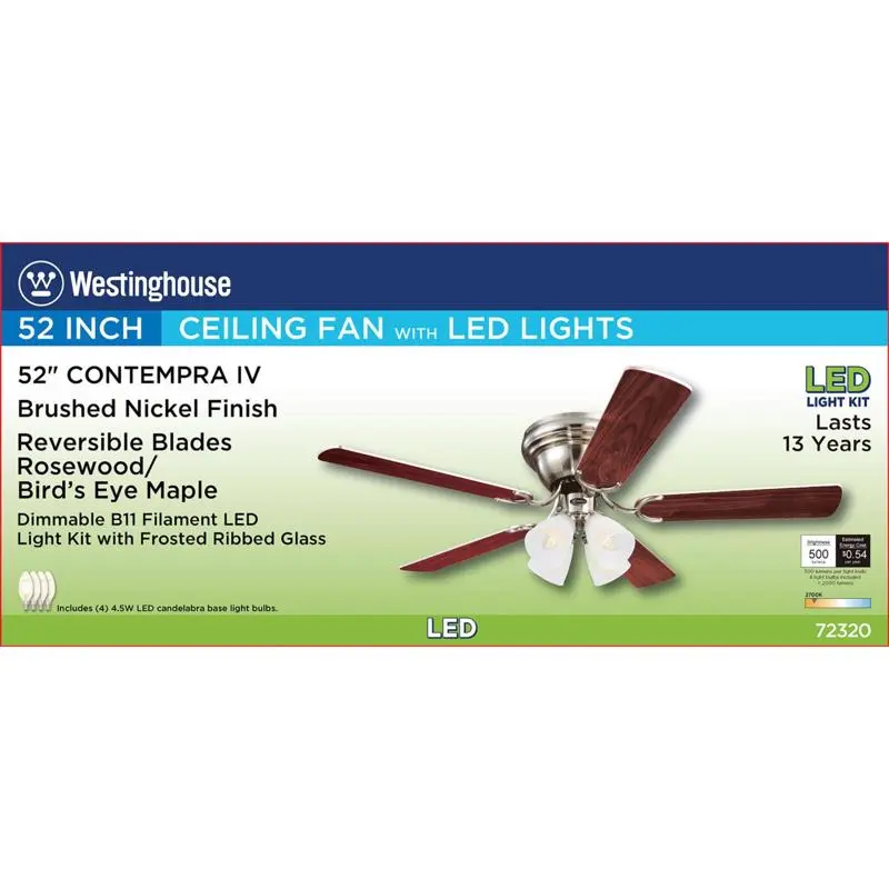 Westinghouse Contempra IV 52 in. LED Brushed Nickel Ceiling Fan with Light Kit 7232000