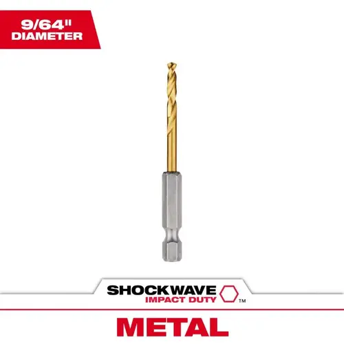Impact Drill Bit, 9/64 in Dia, 2.63 in OAL, Twist Flute, 1/4 in Dia Shank, Hex Shank Titanium-Coated