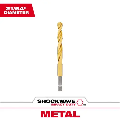 Impact Drill Bit, 21/64 in Dia, 4.49 in OAL, Twist Flute, 1/4 in Dia Shank, Hex Shank Titanium-Coated Impact Drill Bit, 21/64 in Dia, 4.49 in OAL, Twist Flute, 1/4 in Dia Shank, Hex Shank Titanium-Coated