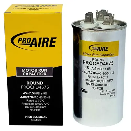 Round Run Capacitor ProAire 45+7.5 MFD 370 V Round Run Capacitor ProAire 45+7.5 MFD 370 V