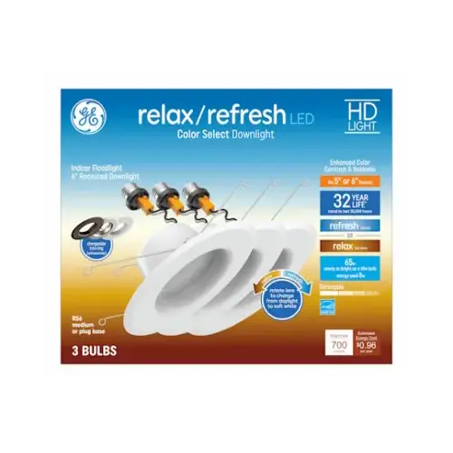 Relax/Refresh LED Recessed Downlights, Switchable Daylight/Soft White, Dimmable, 700 Lumen, 5 or 6 In. Round - pack of 3 Relax/Refresh LED Recessed Downlights, Switchable Daylight/Soft White, Dimmable, 700 Lumen, 5 or 6 In. Round - pack of 3