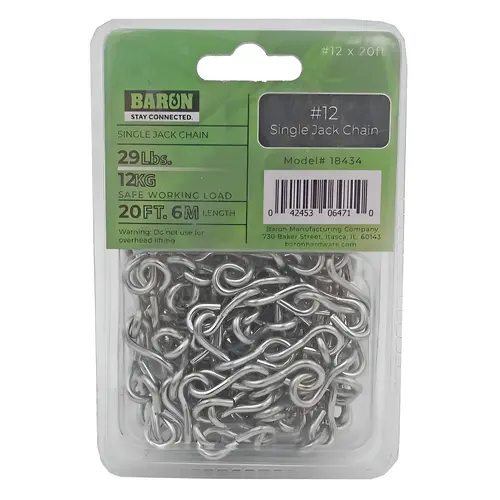 Jack Chain, #12, 20 ft L, Steel, Galvanized/Zinc Plated Jack Chain, #12, 20 ft L, Steel, Galvanized/Zinc Plated