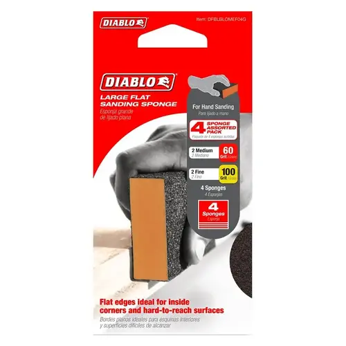 Diablo Large Flat Edge Sanding Sponge, 5 in L, 3 in W, Multi-Grade, Aluminum Oxide Abrasive - pack of 4