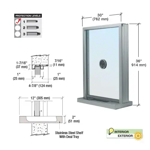 Satin Anodized Bullet Resistant 30" Wide Exterior Window with Speak-Thru and Shelf with Deal Tray for Walls 4-7/8" Thick