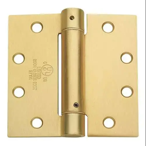4.5 " x 4.5 " Satin Brass Full Mortise Squared Spring Hinge With Non-Removable Pin 4.5 " x 4.5 " Satin Brass Full Mortise Squared Spring Hinge With Non-Removable Pin