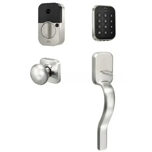 Yale Assure Lock 2 Bundle with Key Free Keypad Bluetooth Deadbolt, Ridgefield Handleset Passage, and DoorSense US15 (619) Satin Nickel Finish