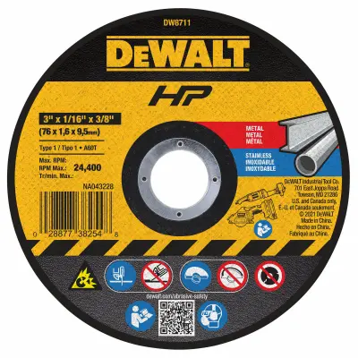 DEWALT Aluminum Oxide Cutting Wheel - Type 1 (Straight) - 3 Diameter - 3/8 Center Hole - 1/16 Thickness DW8711 DEWALT Aluminum Oxide Cutting Wheel - Type 1 (Straight) - 3 Diameter - 3/8 Center Hole - 1/16 Thickness DW8711